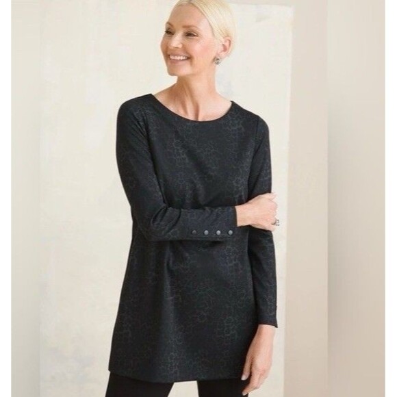 Chico's Top Womens Size 2 (L) Black Leopard Print Long Sleeve Ponte Tunic Top - Picture 1 of 9